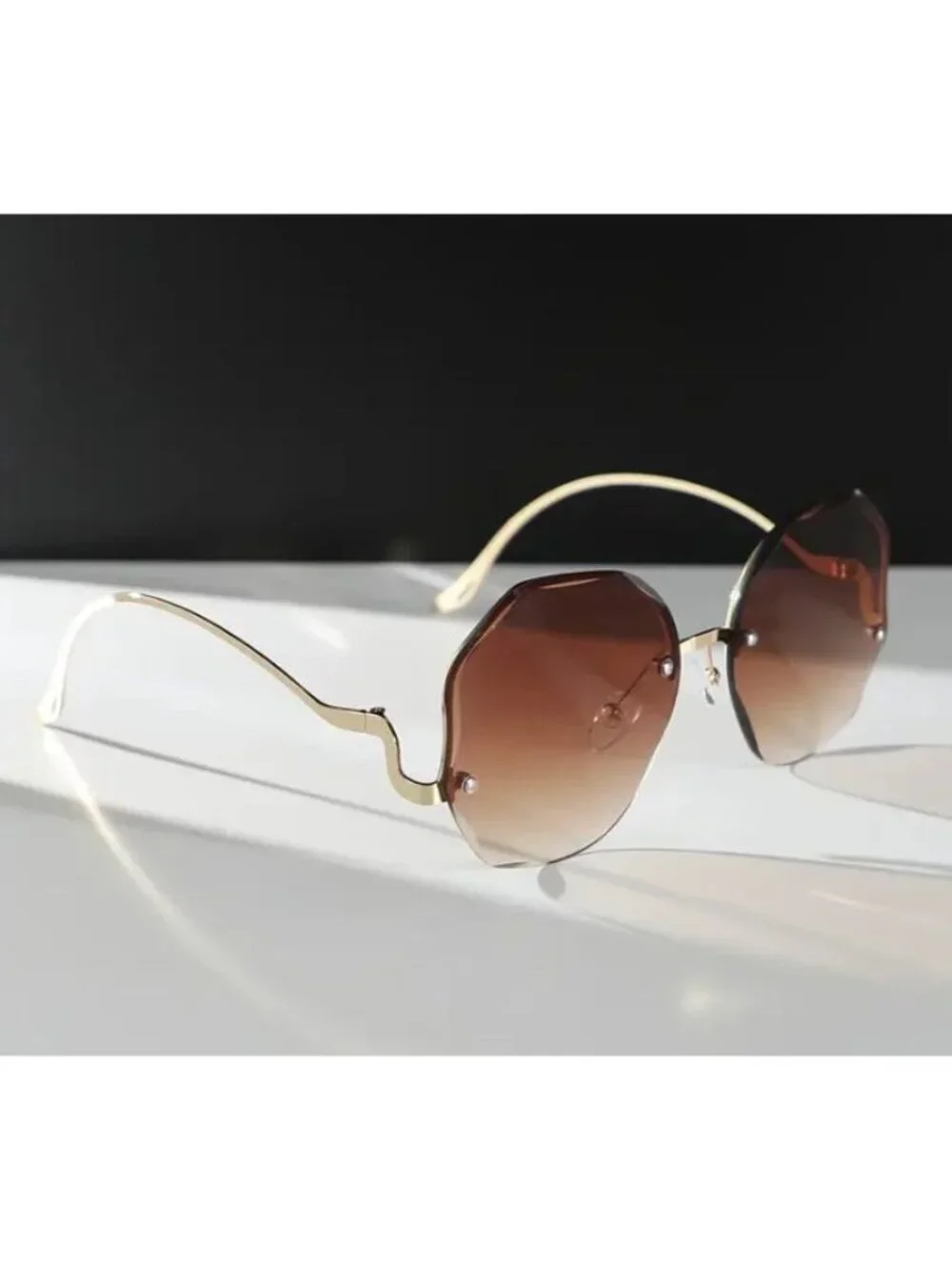 Brown Gradient Oversized Octagonal Sunglasses With Gold Frame